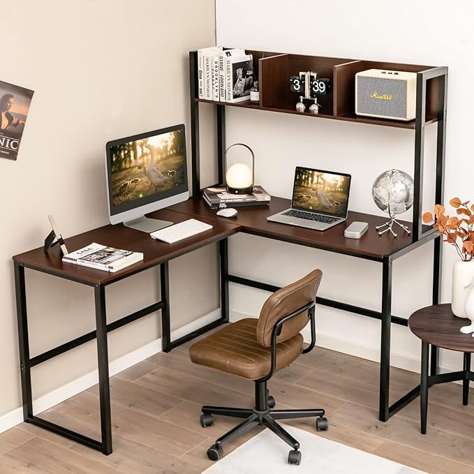 Tangkula Reversible L-Shaped Desk with Hutch, Space Saving Corner Computer Desk with Storage Shelves, Home Office Study Writing Desk Computer Workstation with Storage Bookshelf, Gaming Desk