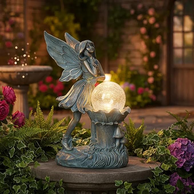 Ferrisland Garden Angel Fairy Outdoor Figurines Statue with Solar Lights,Solar Decorations for Yard Outdoor Garden, Patio Yard Lawn, Gifts for Birthday Housewarming Mother's Day (Bronze)