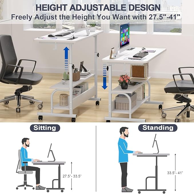Armocity Height Adjustable Standing Desk with Power Outlets, 39" Manual Stand Up Desk with Storage Shelves Small Mobile Rolling Computer Desk Portable Laptop Table with Wheels for Home Office, White