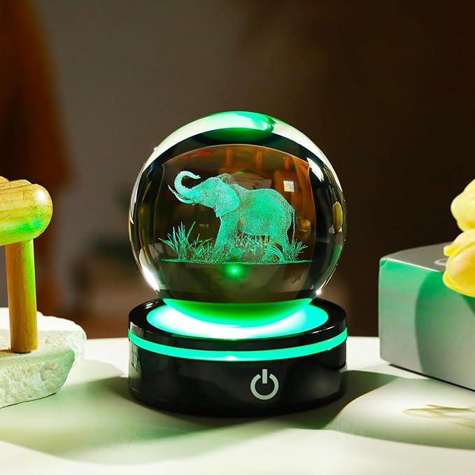 YWHL 3D Elephant Figurine Crystal Ball with Colorful Light Base, Elephant Gift for Women and Men on Christmas or Birthday, 3D Laser Engraved Full Sphere Glass Decorative Ball for Home or Office (80mm)