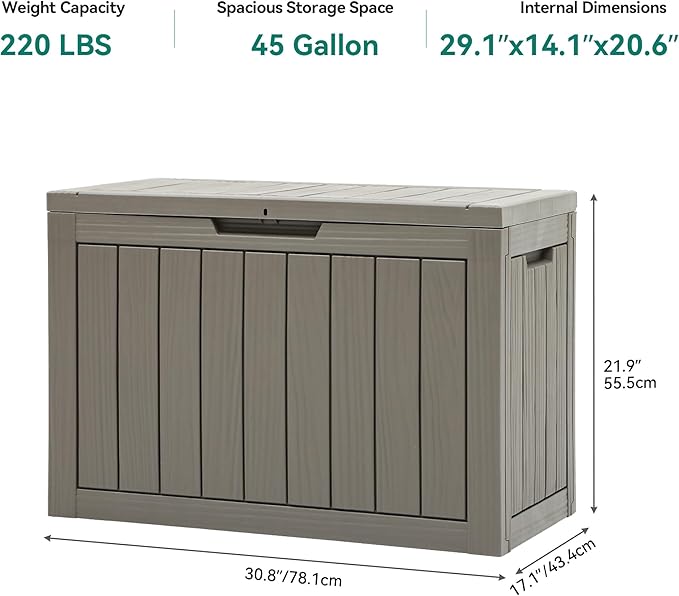YITAHOME 45 Gallon Deck Box, Outdoor Storage Box for Patio Cushions, Outdoor Tools, Gardening Tools, Sports Equipment, and Throw Pillows, Lockable and Waterproof, Brown