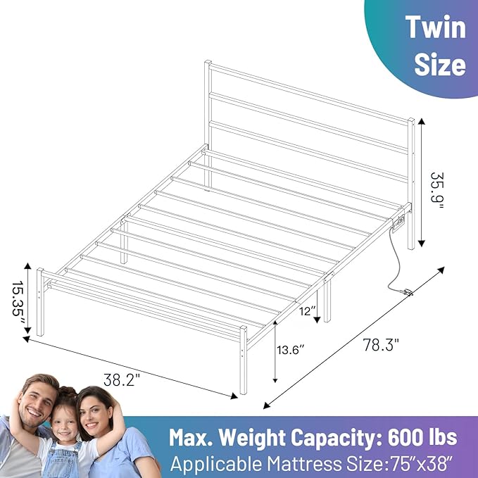 Twin Bed Frame with Headboard,Heavy Duty Steel Slats Support-LED Bed Frame with USB Charging Station,Mattress Foundation-Under Bed Storage,No Box Spring Needed,Noise Free,White