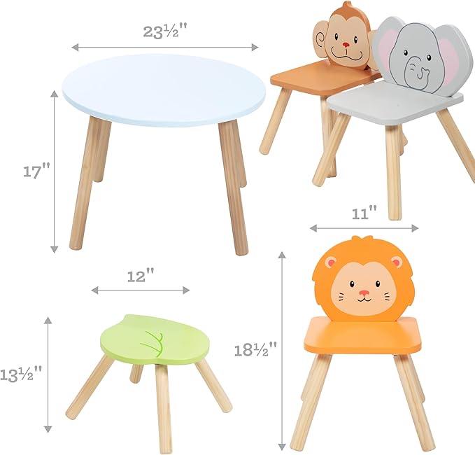 Kids Wooden Animal Table & Chair Set w 4 Seats- Monkey Lion & Elephant Plus Adult Stool for Arts Crafts, Dining, Pretend Play- Durable Playroom Furniture for Home, Daycare Classroom- Toddler Gift