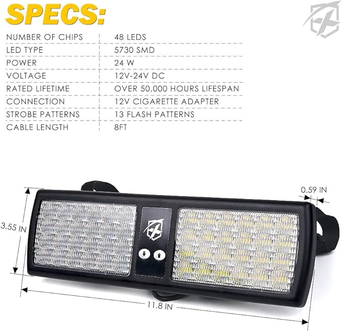 Xprite White Blue LED Visor Strobe Flashing Lights Sunshield Hazard Warning Light for Law Enforcement Police Volunteer Firefighter Emergency Vehicles Trucks Cars