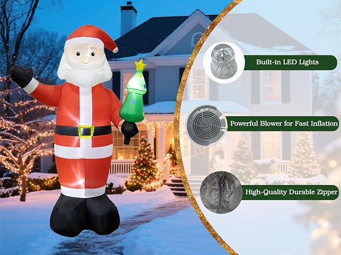 8FT Inflatable Santa Claus Outdoor Christmas Decoration - Blow Up Santa Claus with Built-in LED Lights for Garden Lawn