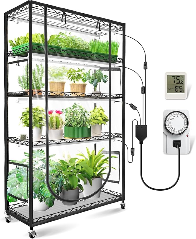 JESLED Indoor Greenhouse with Grow Light, 3FT Full Spectrum 5000K LED Light for Seed Starting, Tiered Lighting Control, Built-in Timer & Thermo-Hygrometer, Rolling Metal Plant Stand (35.4x13.8x70 in)
