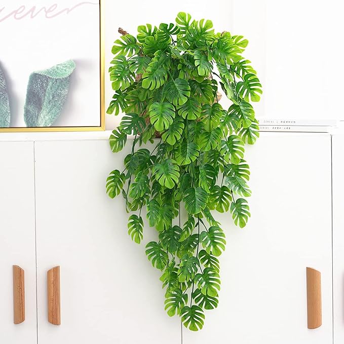 Artificial Hanging Vines 4 Pack, Fake Monstera Leafs Vine Ivy Jungle Leaf Plants Tropical Palm Leaves Rattan for Houseplants Indoor Home Kitchen Garden Outdoor Wall Wedding Decoration