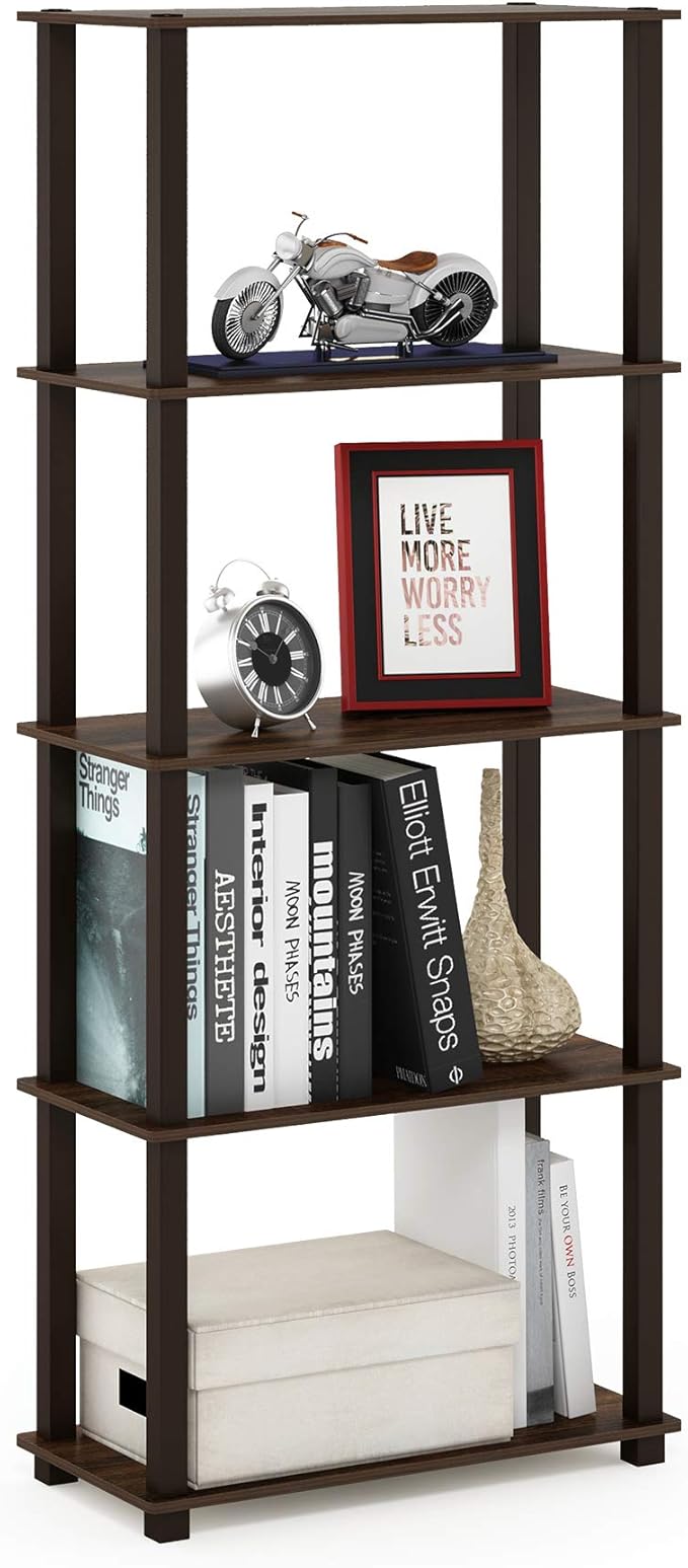 Furinno Turn-N-Tube 5-Tier Multipurpose Shelf / Display Rack / Storage Shelf / Bookshelf, Square Tubes, Walnut/Brown