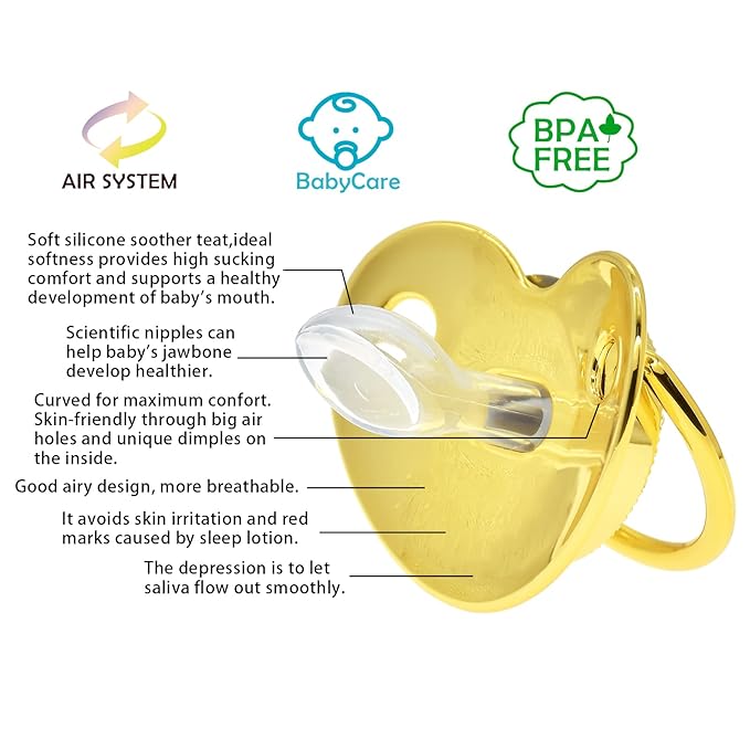 Bling Personalized Golden Baby Pacifier with Pacifier Clips and Anti-dust Cover A-Z 26 Letters(Gold,E)