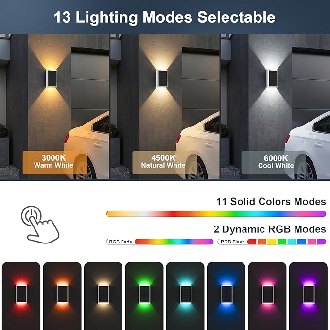Solar Wall Light Outdoor,3000/4500/6000K/RGB 13 Modes Dusk to Dawn Lighting Solar Sconce Lights IP67 Waterproof Up and Down Solar Lights Outdoor for House /Porch/Fence/Patio/Garage-White Shell (1PCS)