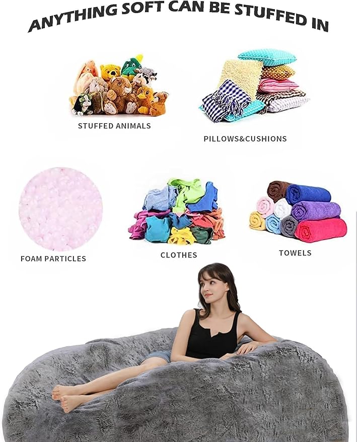 Bean Bag Chairs for Kids Comfy Fluffy Big Joe Bean Bag Chair Covers Only (No Filler) Round Sofa Chairs for Bedroom Living Room Decor, 5FT, Purple