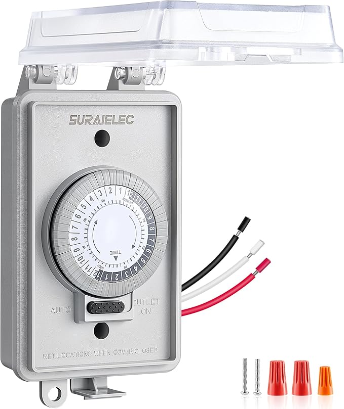 SURAIELEC 20A Heavy Duty 24 Hour Mechanical Timer Switch, 120V 1HP 2400W Hardwired Outdoor Power Controller, Waterproof Junction Box, RV Outlet, Pool Lighting, Security Lights, Christmas Decorations