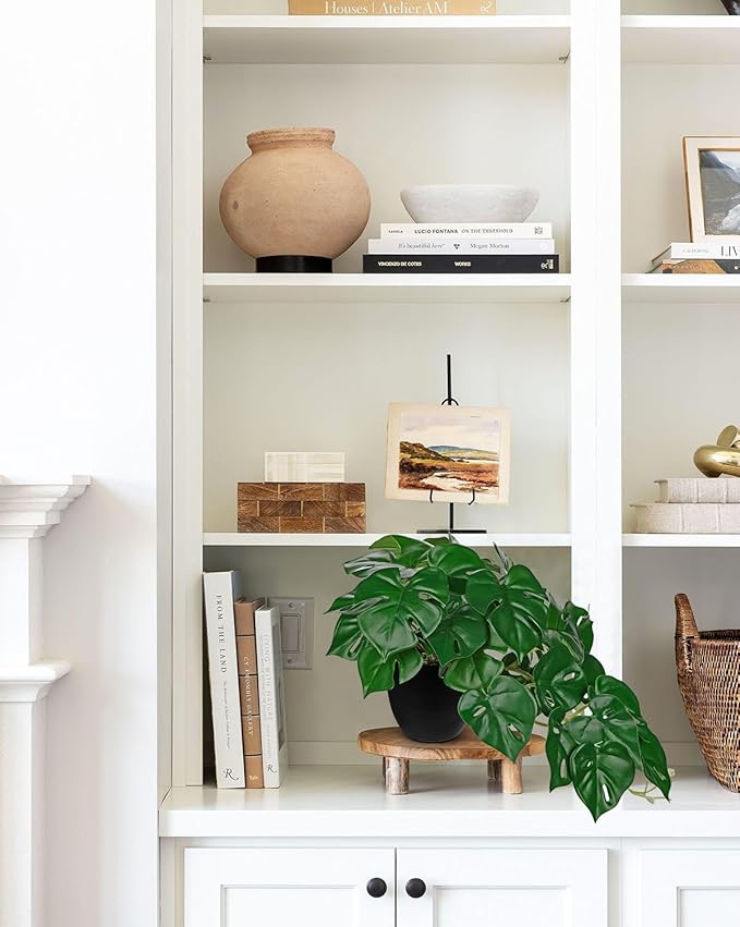 DILATATA Fake Plants Indoor 9 Inch Artificial Monstera Plant in Black Plastic Pot - Faux Potted Tropical Palm Plant for Home Aesthetic Decor Living Room Shelf Office