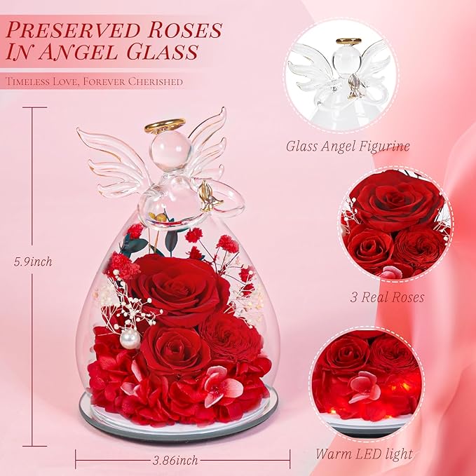 Birthday Gifts for Women Mom Preserved Roses in Glass Angel Figurines Fresh Flowers for Delivery Forever Flowers Eternal Rose Christmas for Grandma Sister Wife Her from Daughter