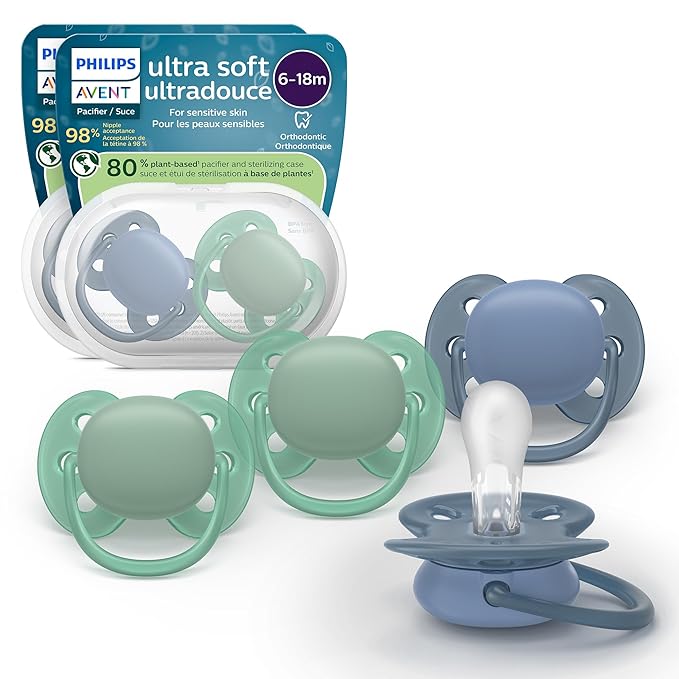 Philips Avent Ultra Soft Pacifiers - Orthodontic Design, for Babies 6-18 Months, Flexible Shield, Silicone Symmetrical Nipple, BPA-Free, 2 Sterilizing Cases, 4 Pack, SCF091/51