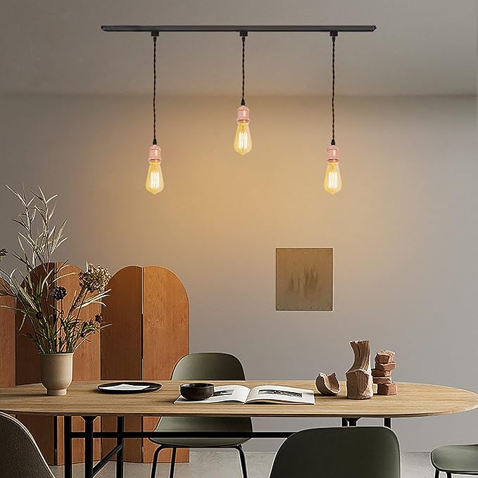 Kiven H-Type Wire Track LightPendants, 11.8 Inch Cord Length Black Weave Rope, Restaurant DecorativePendant Light Industrial Pendant Lamp 3 Pack,Bulb Not Included（Rose Gold）