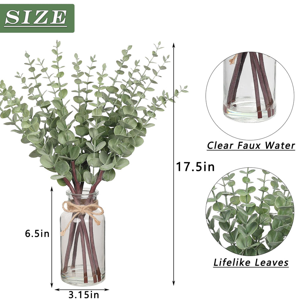 VIERENA 17.5" Artificial Eucalyptus Stems in Glass Vase with Faux Water,Fake Plant Eucalyptus Leaves White Seeds for Centerpiece Table Decorations Farmhouse Wedding Home Greenery Decor (Sage Green)
