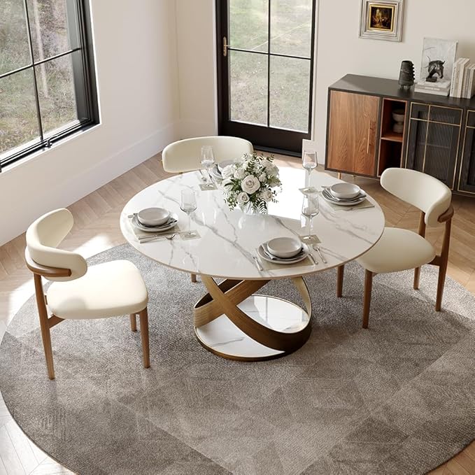 POVISON 51" Modern Round Dining Table for 4-6, Glossy White Round Dining Room Table, Sintered Stone Dining Tabletop with Bronze X Carbon Steel Base (Dining Table Only)