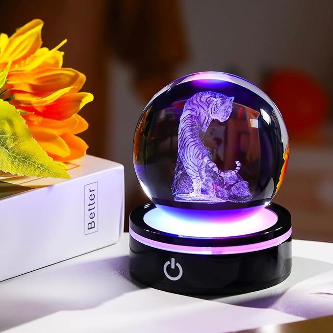 YWHL 3D Tiger Figurine Crystal Ball with Colorful Light Base, Tiger Gifts for Women Men, 3D Laser Engraved Full Sphere Glass Decorative Ball for Home Office (80mm)