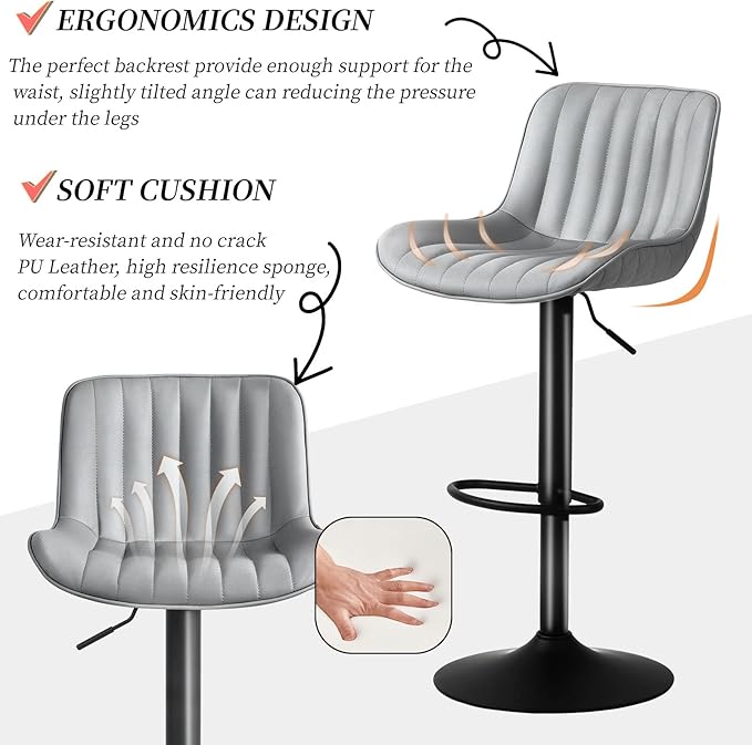 YOUNUOKE Counter Height Bar Stools Set of 2 Upholstered Kitchen Island Barstools Adjustable Swivel Stools with Back Mid Century PU Leather Padded Chairs Grey