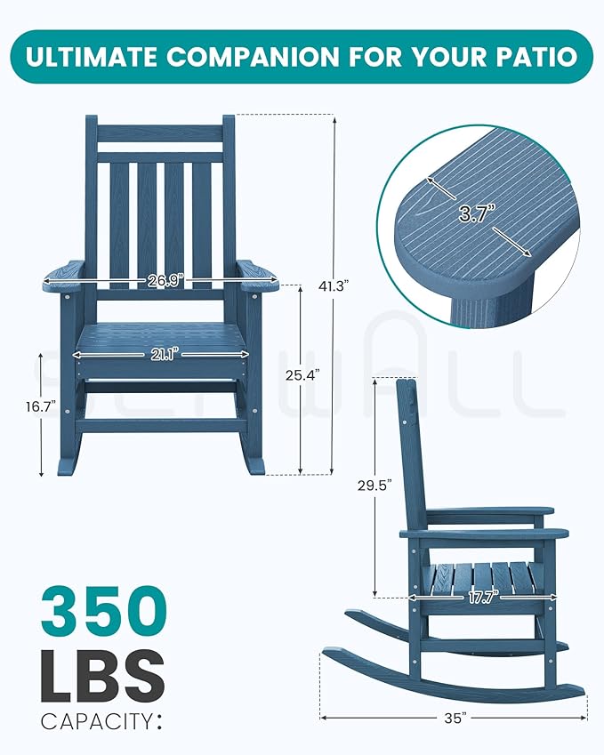 SERWALL HDPE Outdoor Rocking Chair Set of 8, Patio Rocking Chairs for Adults, All Weather Outdoor Rockers for Lawn, Blue