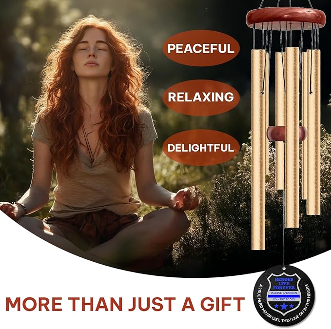 Personalized Police Memorial Wind Chime – “Heroes Live Forever” Custom Engraved Name & Eow Date – Blue Honor Line Fallen Officer Sympathy Gift – Memorial Windchime Tribute for Law Enforcement Heroes
