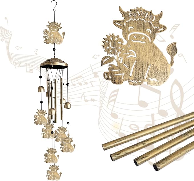 Highland Cow Wind Chimes for Outside,Metal Highland Cow Decor Windchimes Indoor/Outdoor Garden Patio Yard Home Decoration,Gifts for Men Women,Mom Grandma Wife Friends Birthday, Sympathy Memorial