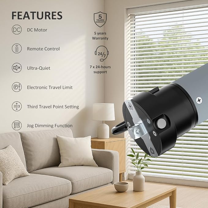 DC24V Motorized Blinds Kit, 45mm Smart Blind Motor for Awning & Roller Shade, Brushless Electric Rollers Motor with Remote, Convert Blinds to Motorized (20 N.m for Φ50mm（2") Groove Tube