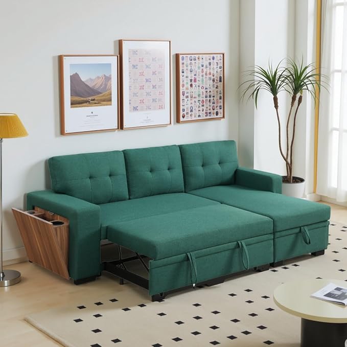 L-Shape Sofa Bed, 92" Sectional Couch with Storage Chaise, Pull Out Sleeper Sofa with Side Compartment, Convertible Corner Couch for Living Room Apartment, Green