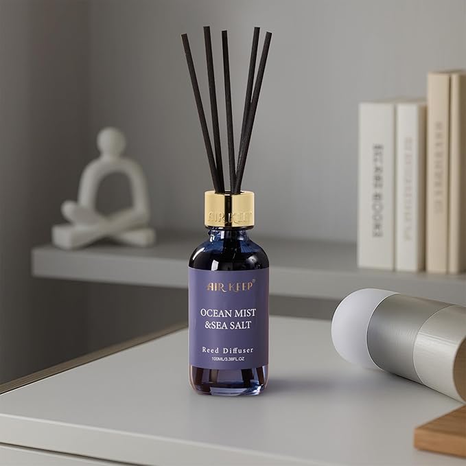 Airkeep Reed Diffuser Set, 3.38 fl oz (100 ml) - Ocean Mist&Sea Salt Oil Diffusers with 8 Reed Sticks, Home Fragrance Reed Diffuser for Bathroom Shelf Decor