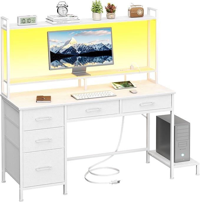 Computer Gaming Desk with Hutch, Home Office Desk with Power Outlets, LED Light, 5 Storage Drawers, 2 Tiers Shelves for Display, 47 Inch Modern Study Writing Table for Bedroom, White