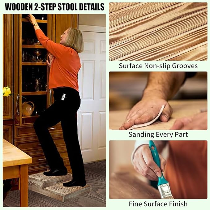 Wooden 2 Step Stool for High Beds, Moderate & Applicable 2-Step Stools for Seniors, Solid Wood steppingStool, Built-in Handle for Easy Carrying, 20.0" W