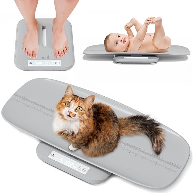 Multifunctional Baby & Pet Scale - Weigh Up to 330lbs, Digital with Hold Function, Height Measurement, 5 Units, LED Screen Grey