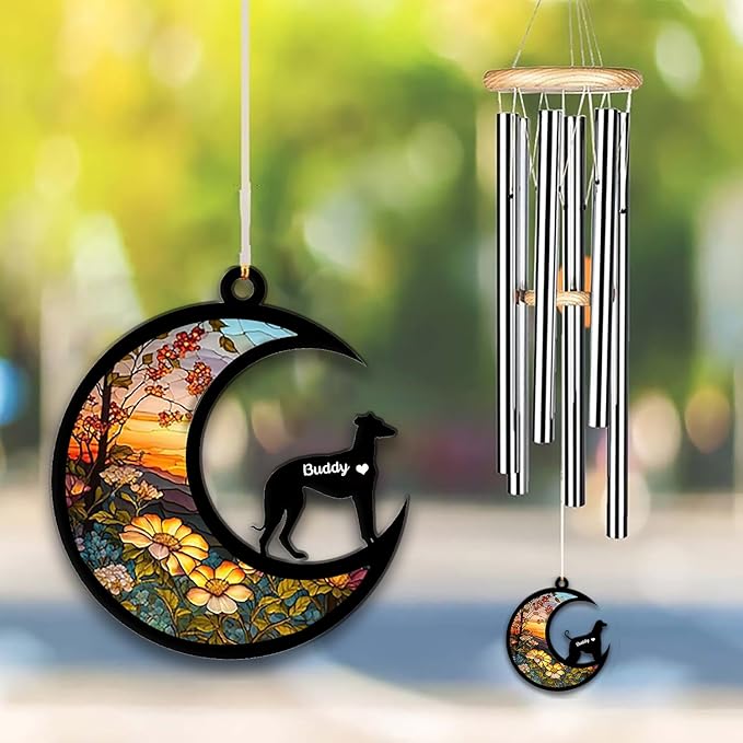 Whippet Sun Catcher Wind Chime, Custom Sunflower Suncatcher Dog Memorial Wind Chime, Dog Loss Gift, Dog Sympathy Gift, Pet Loss Suncatcher, Outdoor Garden Decor