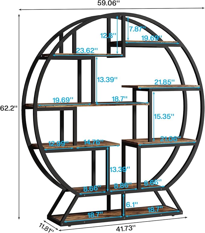 Tribesigns Bookshelf, Round Bookshelves Etagere Bookcase, 63 Inch Industrial Wood Book Shelf with Staggered Shelves, Rustic Open Shelving Organizer Rack Display Shelf for Home Office, Living Room