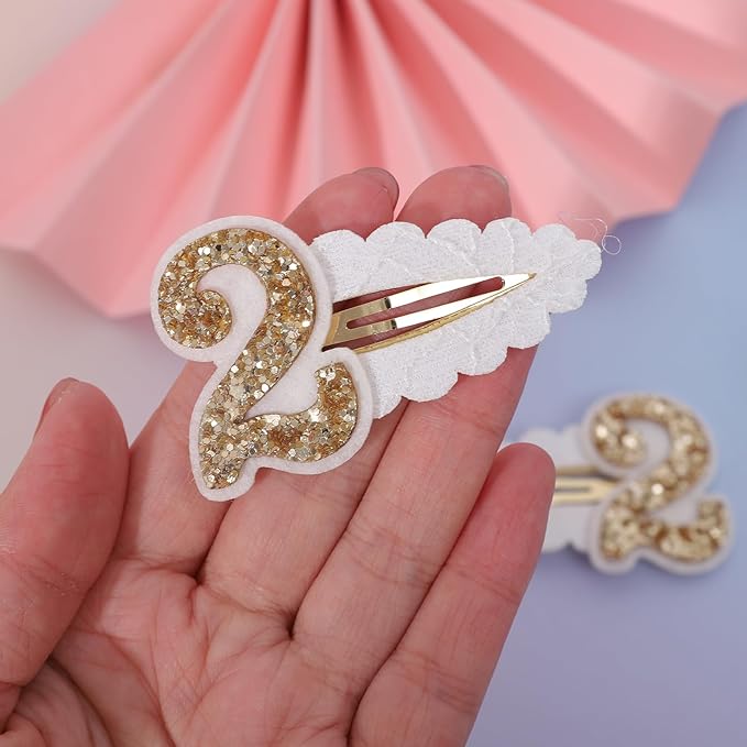 2nd Birthday Hair Clip for Baby Girls - White Glitter Number 2 Hair Clip, Girl Birthday Party Decorations, Two Year Old Photo Props