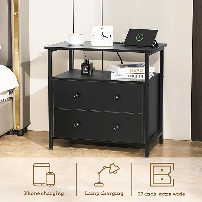 27 inch Wide Nightstand with Charging Station, Bedside Table with Open Shelf, 2 Drawers Small Wood Dresser, End Side Table for Bedroom (2 Pack,Black)