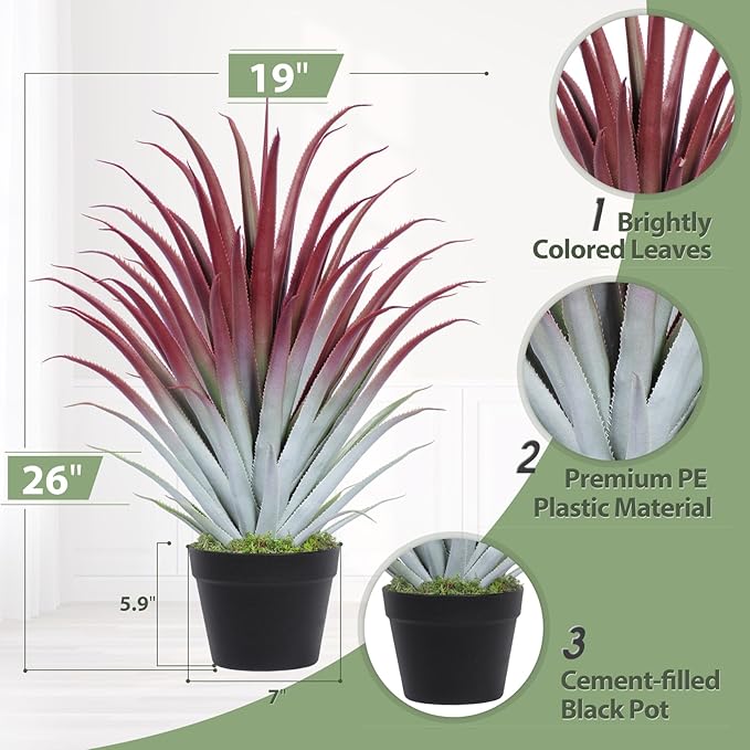 2ft Fake Spiked Agave Plant - Red Artificial Aloe Vera Plant 26 Inch - Tall Large Faux Floor Plants Perfect for Porch Door Step Home Office Patio Indoor Outdoor Decor (1 Pack)