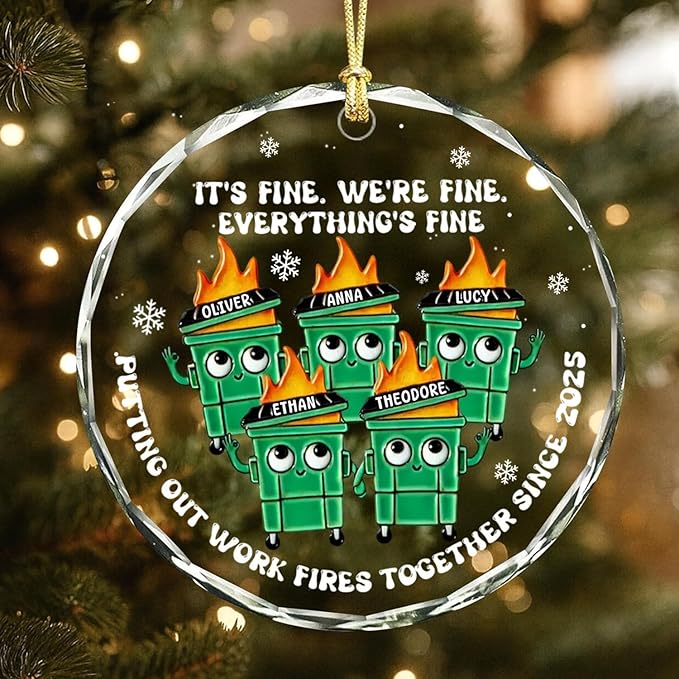 NAZENTI Personalized Fire Response Team Glass Ornament, Custom Flaming Dumpster Holiday Piece, Coworker Christmas Tree Hanging Decoration