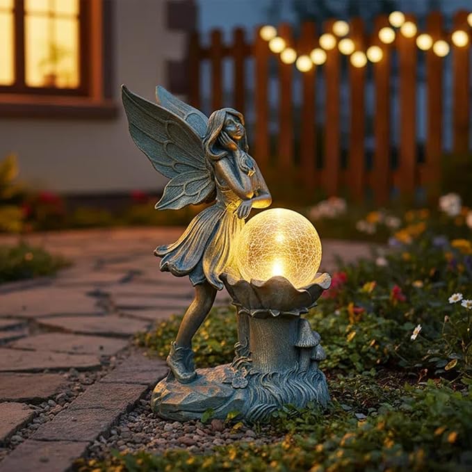 Ferrisland Garden Angel Fairy Outdoor Figurines Statue with Solar Lights,Solar Decorations for Yard Outdoor Garden, Patio Yard Lawn, Gifts for Birthday Housewarming Mother's Day (Bronze)