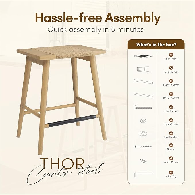 Thor Wicker Counter Height Wooden Counter Stool with Hand-Knitted Rope, K/D, Backless Island 24" Wicker Stool for Kitchen, Light Oak, Solid Wood, Eco-Friendly, Modern Design (Light Oak)