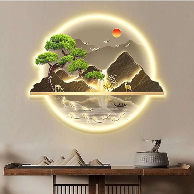 Bubinblau A,70 * 84cm, Mountain Tree Wall Art with Led Light, Zen Wall Art Decor, Luminous Wall Sculptures Painting, for Study Room, Dining Room, Living Room, Tea Room