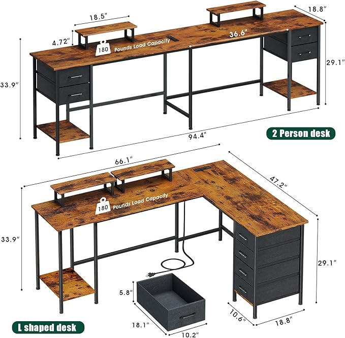 66" L Shaped Computer Desk with Power Outlets, Home Office Desk with 4 Adjustable Storage Drawers & 2 Monitor Stands, Large Two Person Gaming Table for Writing Study, Rustic Brown