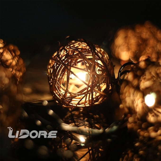 LIDORE Rattan Christmas String Lights, Mini Globe Wicker Lights for Patio, Wedding, Garden and Party, Brown Rattan and Green Cord, 7.92Ft Indoor/Outdoor
