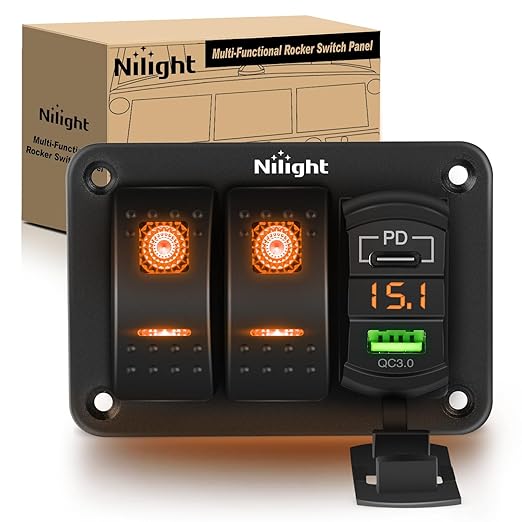 Nilight 2 Gang Rocker Switch Panel with PD Type C and USB Charger Voltmeter 12V SPST ON Off Togglr Switches Panel w/Orange Backlit Waterproof Aluminum for Boats Cars RVs Trucks