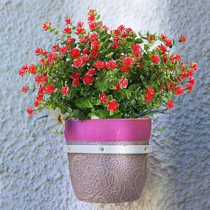 8 Bundles Artificial Flowers, Fake Artificial Greenery UV Resistant No Fade Faux Plastic Plants for Wedding Bridle Bouquet Indoor Outdoor Home Garden Kitchen Office Table Vase (Red)