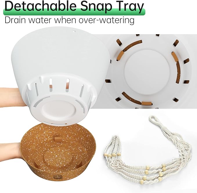 ZMTECH 2 Pack 10 Inch White Hanging Planters with Macrame Plant Hanger for Indoor and Outdoor Plants, Self Watering, Drainage Hole, Visible Level Tray