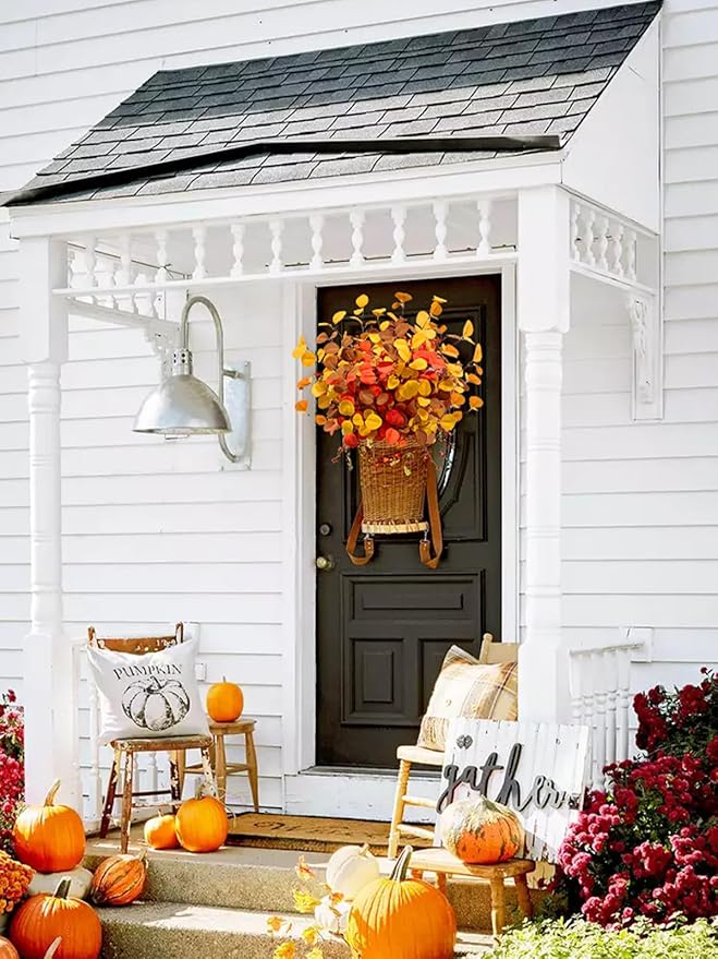 Beferr Fall Eucalyptus Stems Christmas Decor - 5Pcs 32" Tall Faux Eucalyptus Leaves Pumpkins Branches Autumn Thanksgiving Farmhouse Harvest Fireplace Table Centerpiece Home Decorations