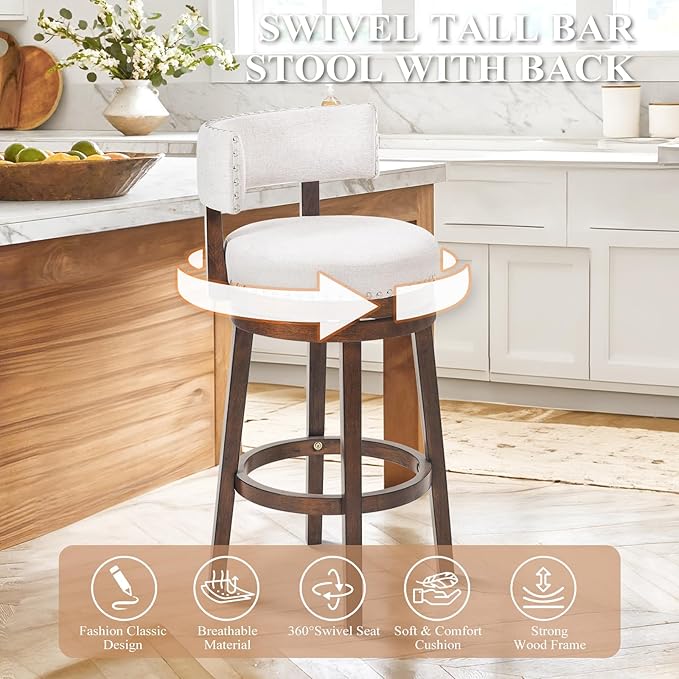 COLAMY Swivel Bar Stools Set of 3, Swivel Counter Height Barstools with Back, 30 Inch Modern Upholstered Bar Stools for Kitchen Island Dining Room Bar, Beige