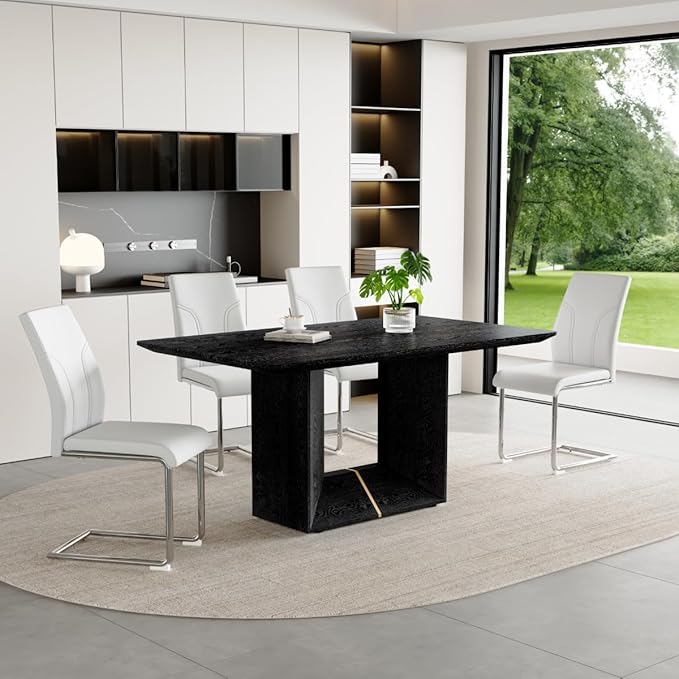 63" Modern Black Dining Table Set for 4 with Chairs, 5 Piece Rectangular Dining Room Table and 4 PU Leather Chairs, Kitchen Dining Set with Matte Wood Finish, Geometric Base, Easy Assembly